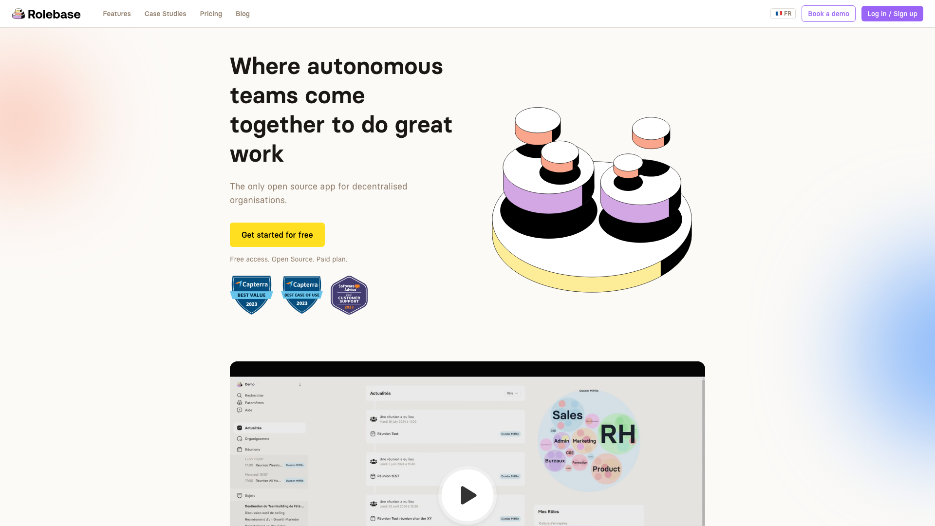 Page d'accueil de Rolebase montrant la plateforme open source pour les équipes autonomes.